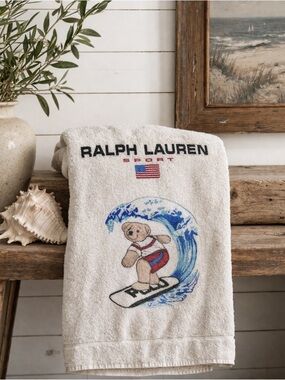 Vintage Ralph Lauren Polo Bear Surfing Beach Towel Large 69x35 Cotton